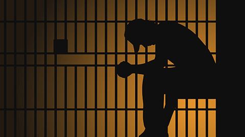 detailed illustration of a male inmate behind prison bars, eps10 vector